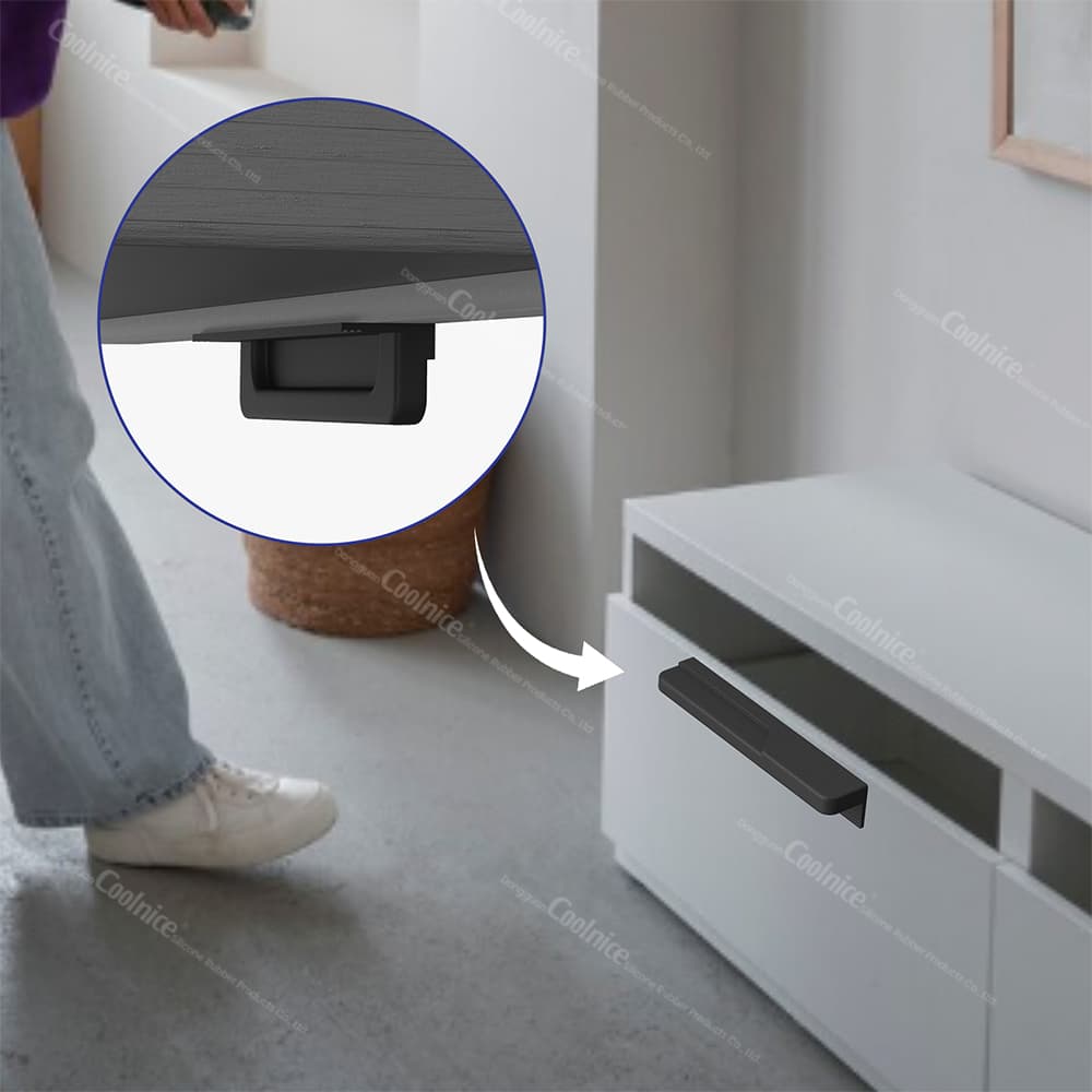 Silicone foot door opener mounted under cabinet for hands-free access