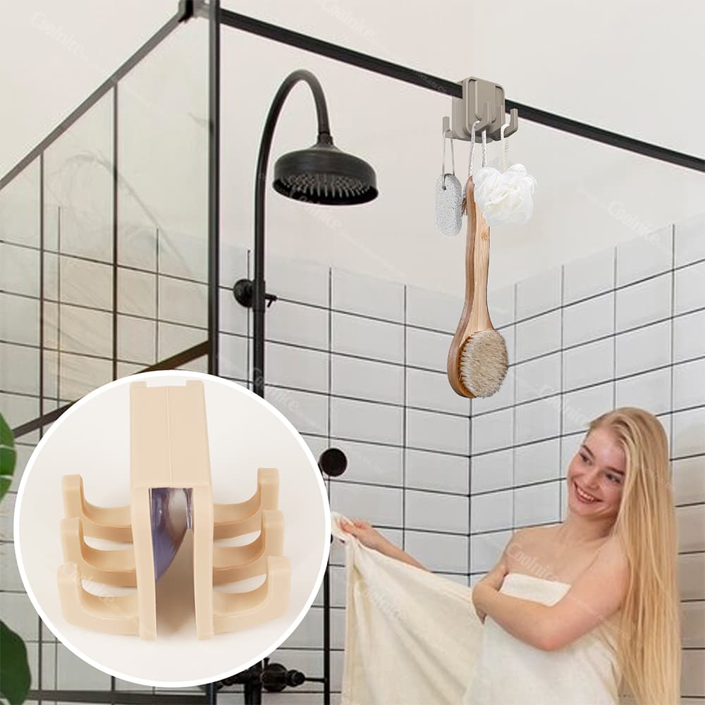 Silicone hook hanging bath brush and loofah on glass door