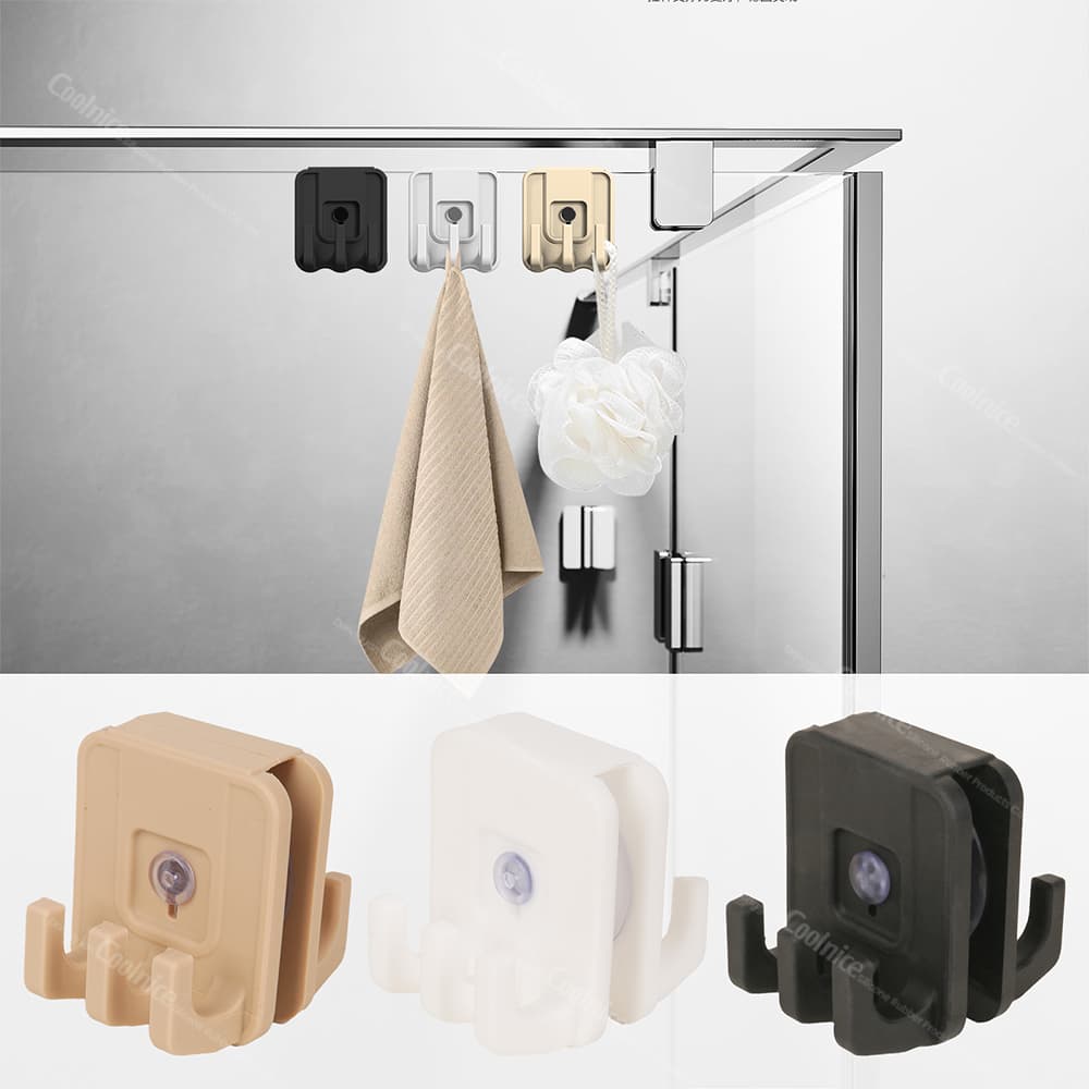 Set of silicone glass door hooks in beige, white, and black