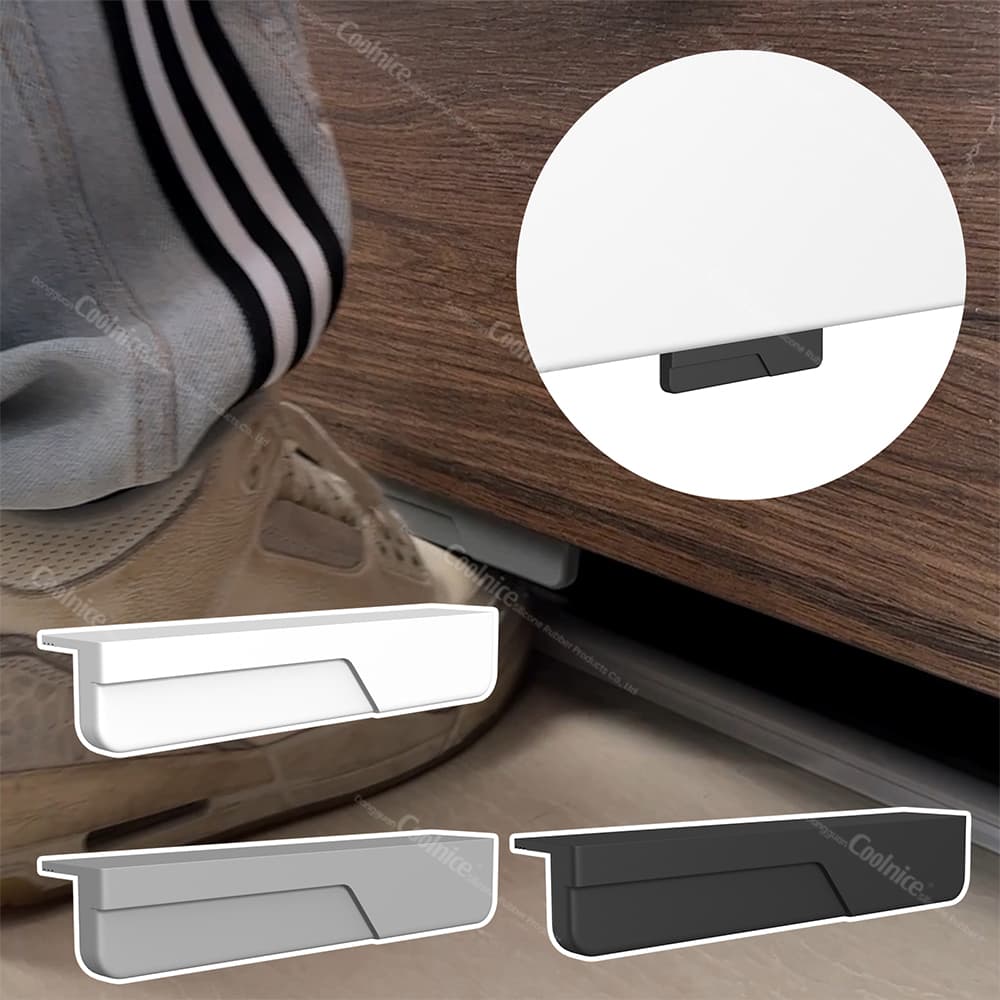 Hands-free silicone foot opener for kitchen drawers shown in use