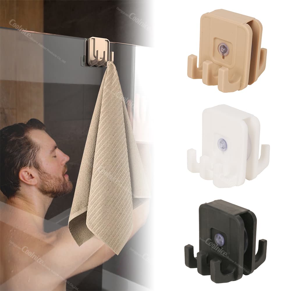 Bathroom man using silicone towel hook on glass door