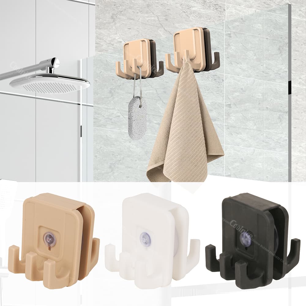 Pair of silicone shower hooks used for towel and loofah