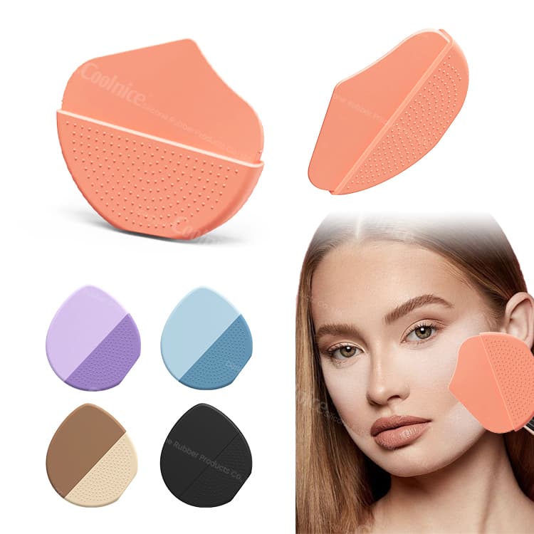 Orange silicone makeup applicator with model demonstrating usage