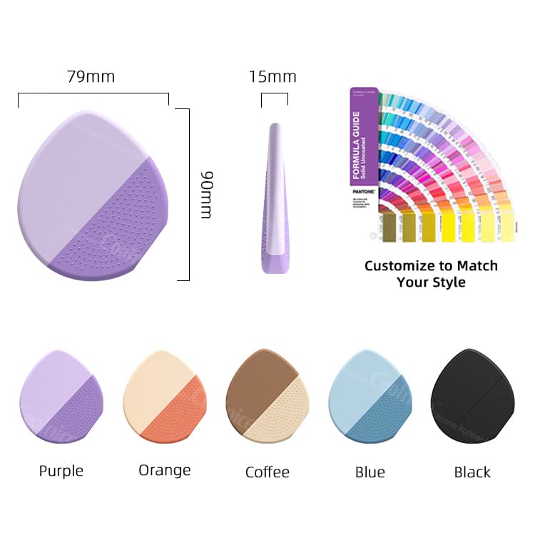 Silicone makeup applicator in multiple colors with product dimensions and Pantone customization