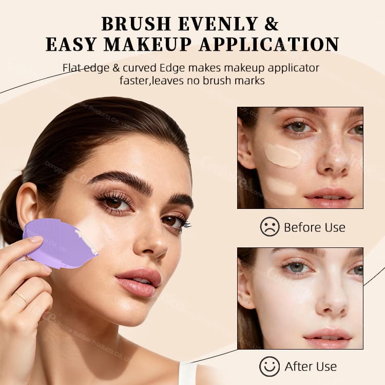 Silicone foundation applicator showing before and after makeup results