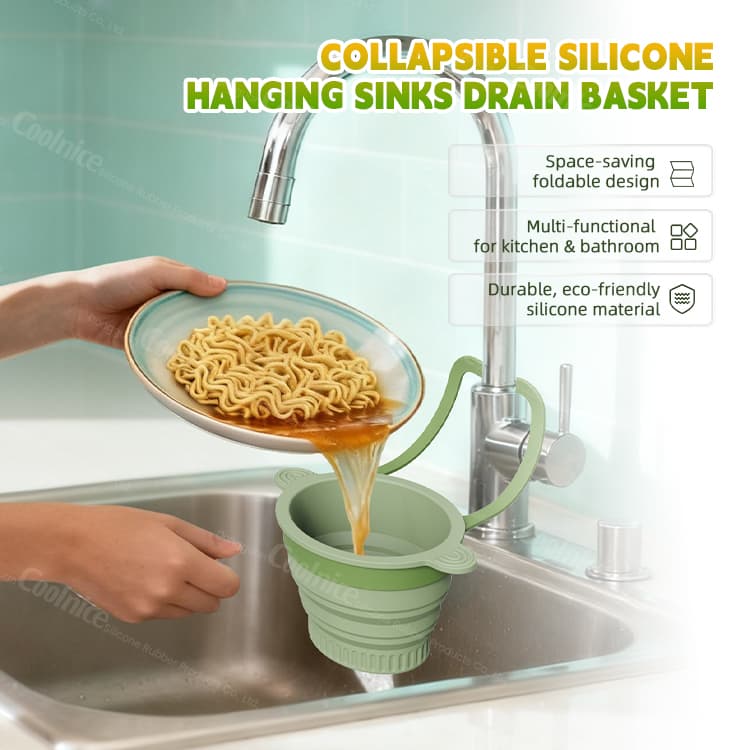 Collapsible silicone hanging sink drain basket filtering noodle soup