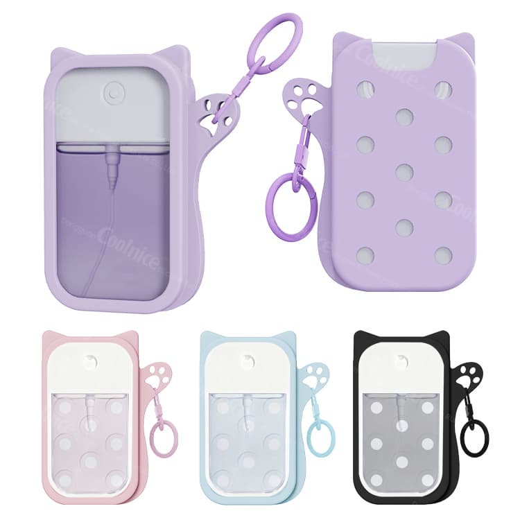 Cute cat ear silicone hand sanitizer spray case in purple with keychain
