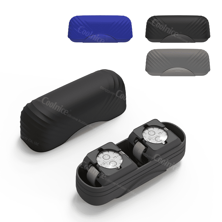 Silicone double watch case available in black, grey, and blue