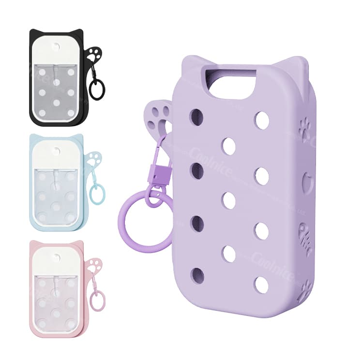 Multi-color silicone spray bottle cases in pink, blue, black, and purple