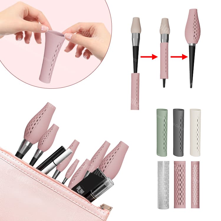 Demonstration of applying silicone brush guards to makeup brushes