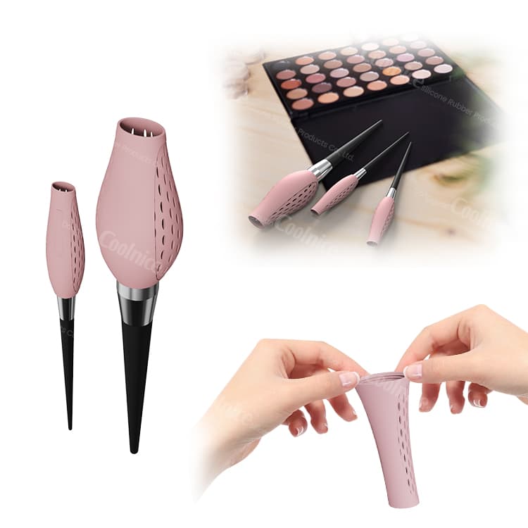 Silicone makeup brush guards on dressing table and in use