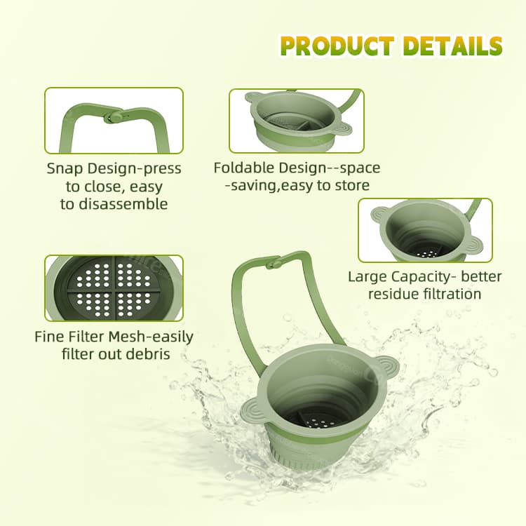 Product details of silicone sink basket showing mesh and design features