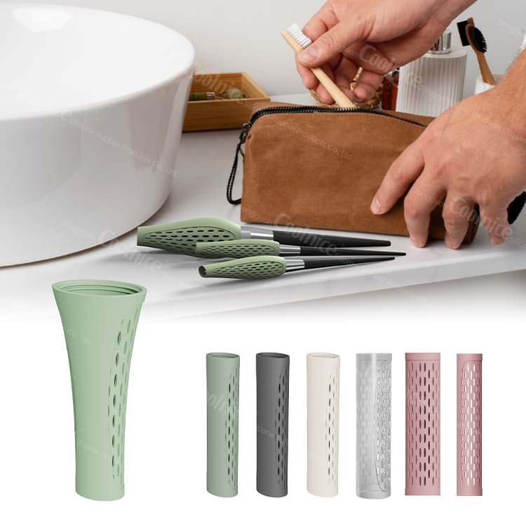Silicone brush guards in green used for travel storage