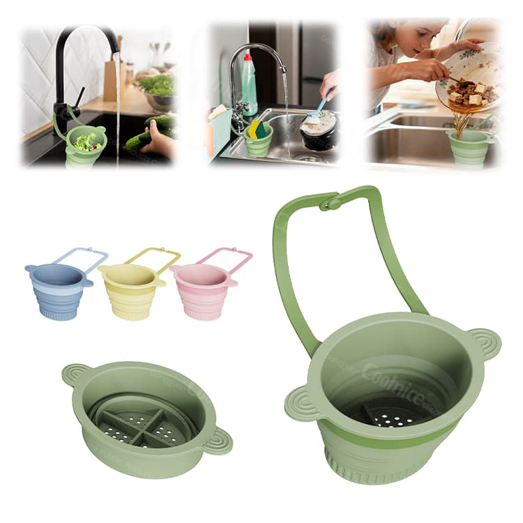 Collapsible silicone drain baskets in multiple colors for kitchen sinks