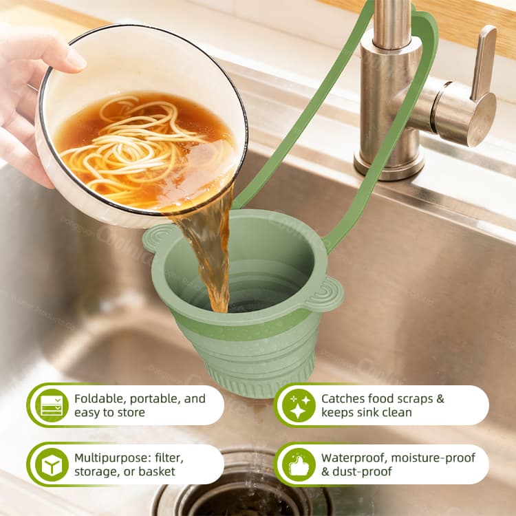 Pouring soup and noodles into silicone hanging sink basket