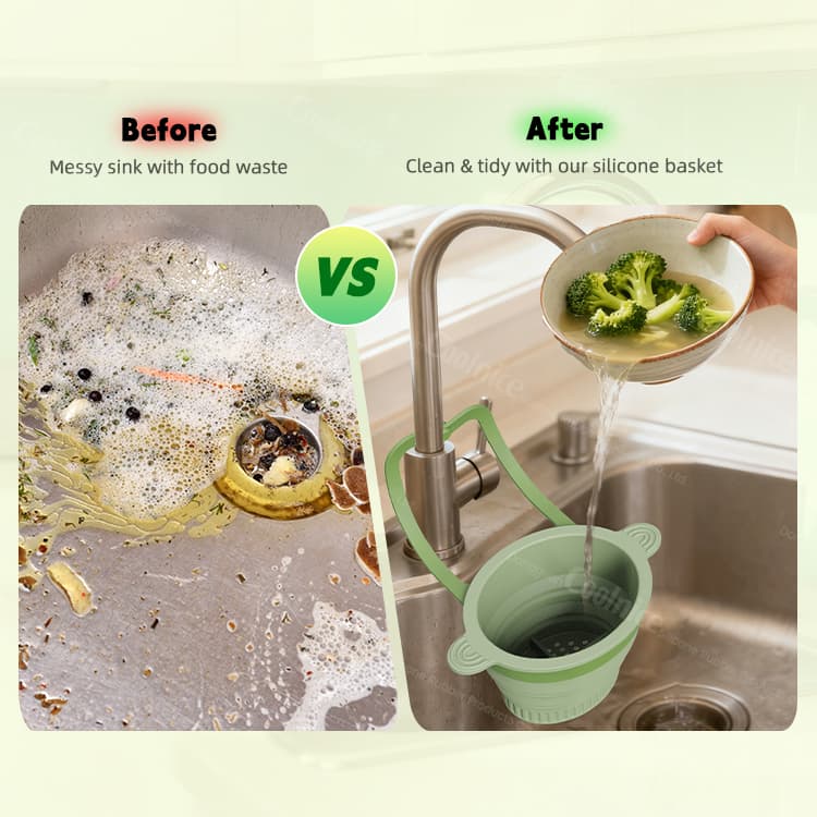 Before and after comparison using silicone sink strainer basket