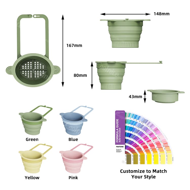 Size and color options of collapsible silicone sink basket