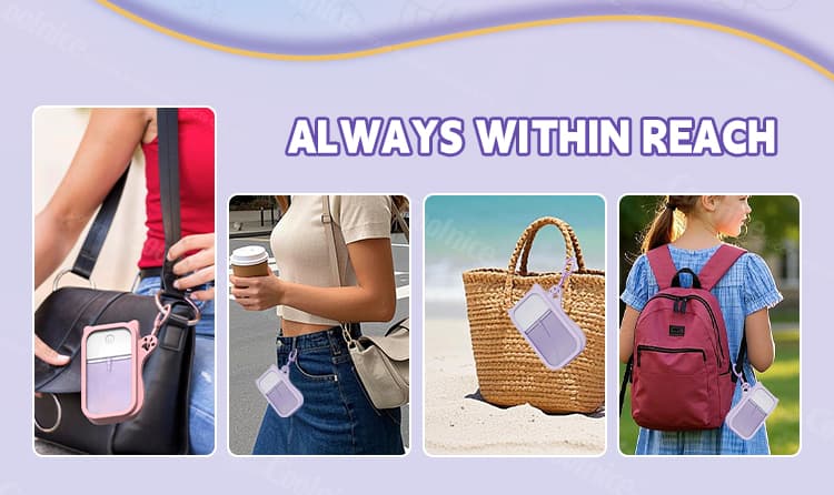 Silicone sanitizer cases attached to bags and backpacks for travel