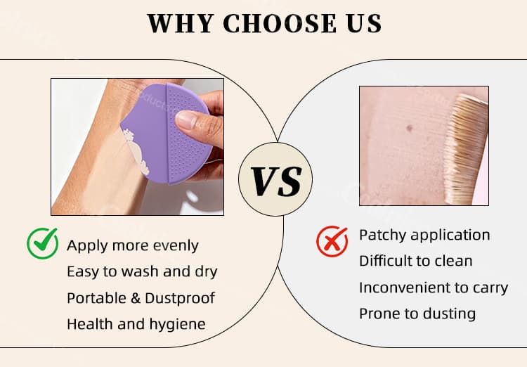 Comparison of silicone applicator vs traditional makeup brush showing even coverage