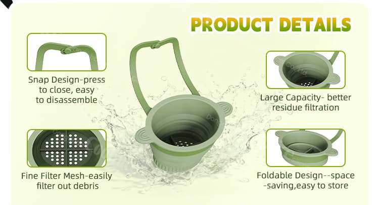 Product details of silicone sink drain basket showing fine filter mesh and handles