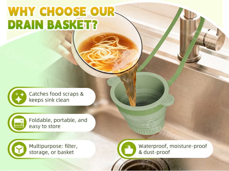 Pouring soup into silicone drain basket showing waterproof and multipurpose use
