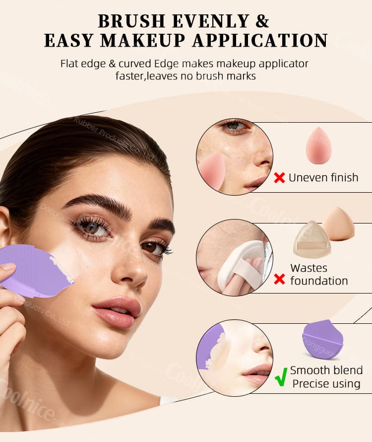 Model using silicone makeup applicator for smooth and even foundation