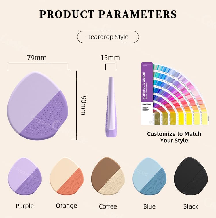 Silicone foundation brush dimensions and color options (purple, orange, coffee, blue, black)