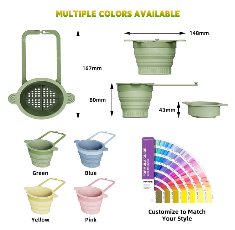 Multi-color silicone collapsible sink baskets with size dimensions