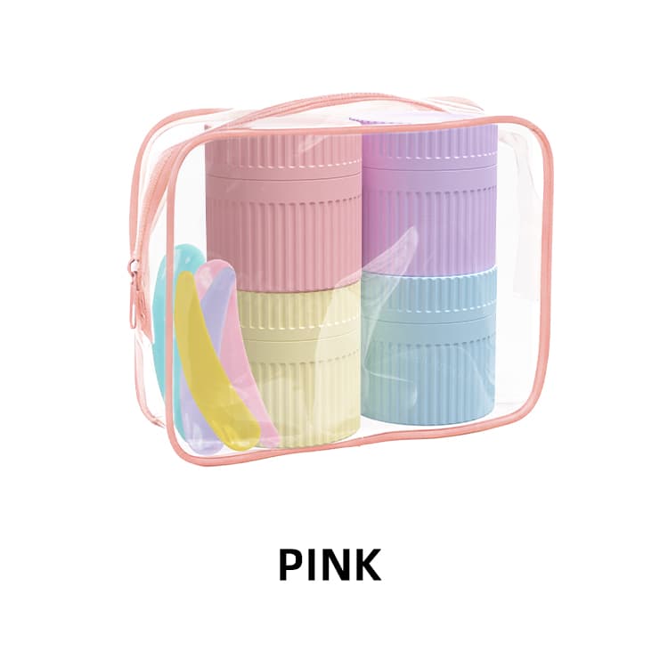 Pink cosmetic travel jar set in transparent pouch