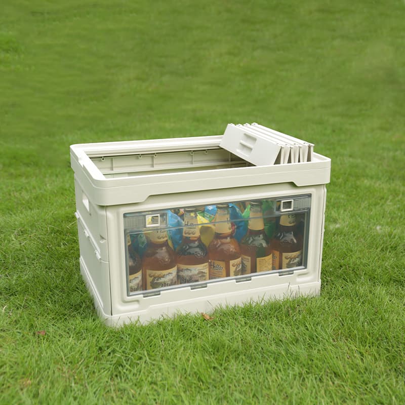 Custom collapsible storage box with transparent door for camping gear and drinks