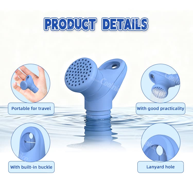 Portable silicone water shower nozzle with built-in buckle and practical spray design.