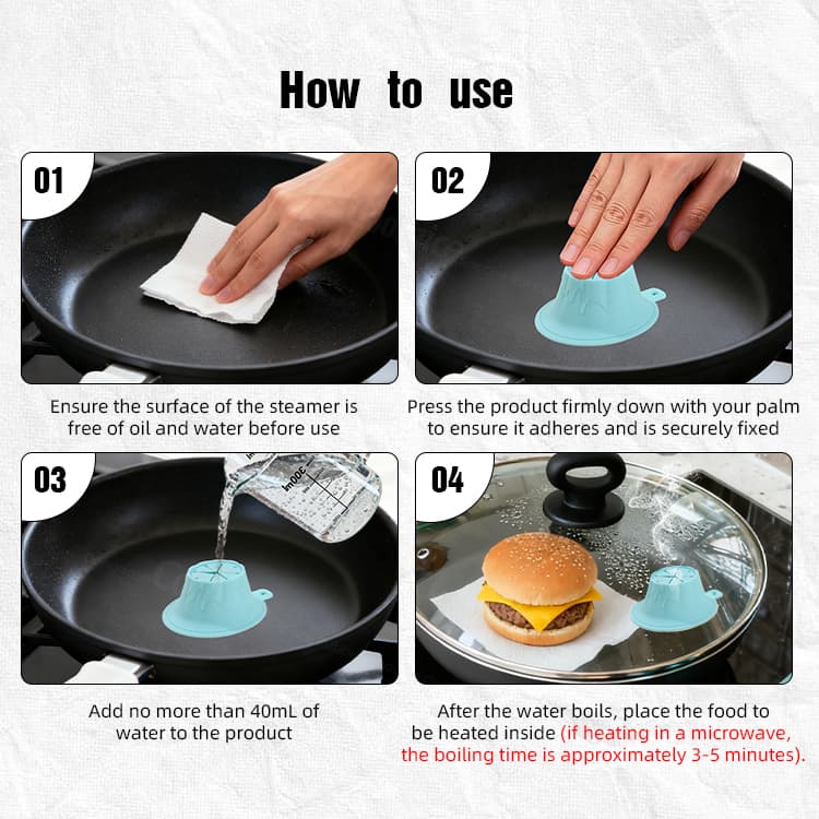 Step-by-step instructions showing how to use the silicone burger steamer
