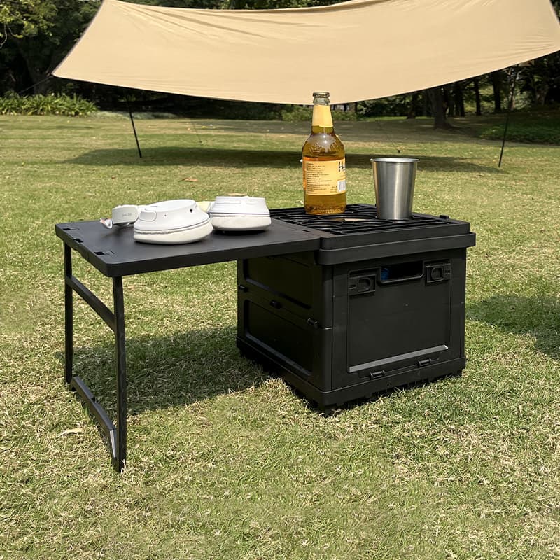 Custom camping folding storage box table with side extension for outdoor use