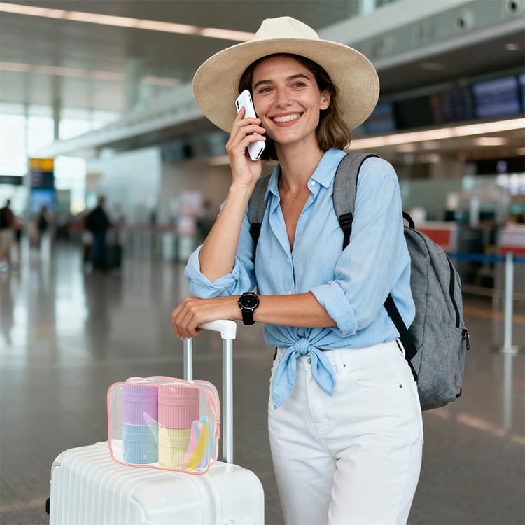 Woman traveling with pastel cosmetic jar set