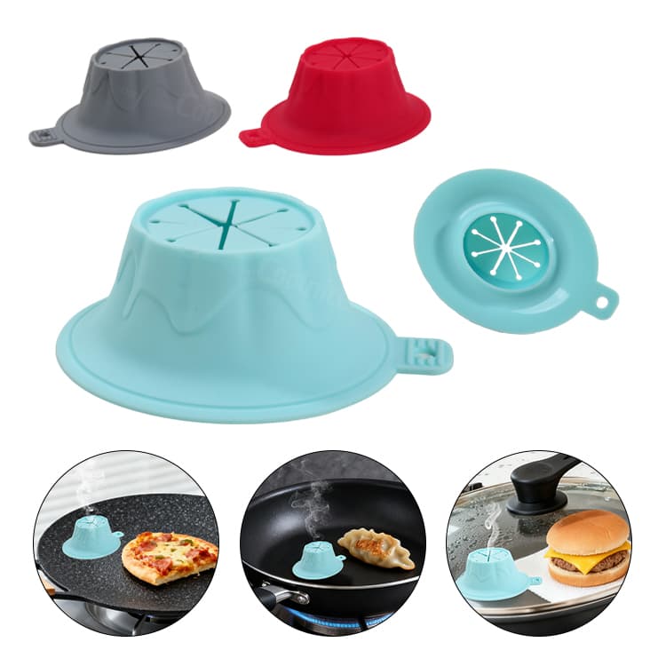 Silicone burger steamers in multiple colors with food heating examples