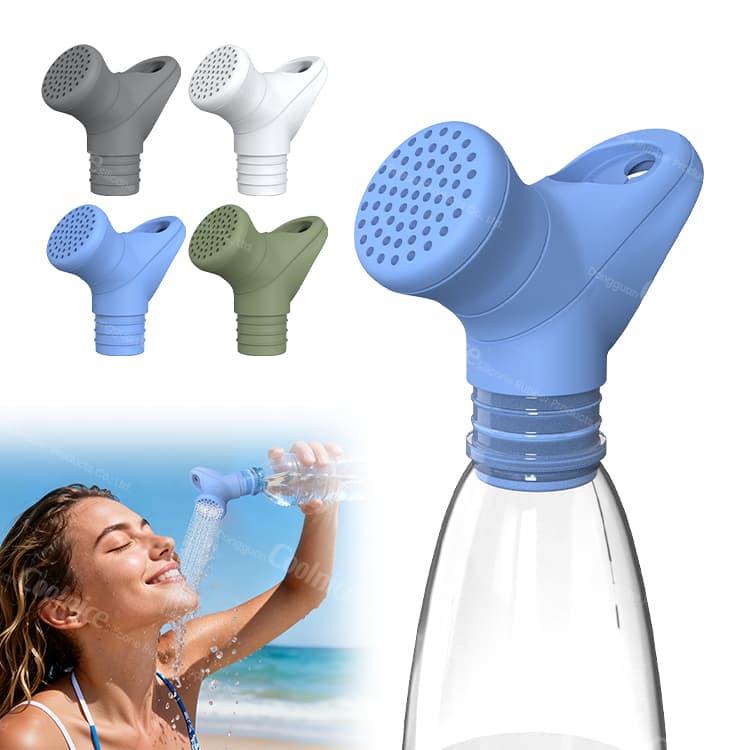 Silicone water bottle shower nozzle available in multiple colors.