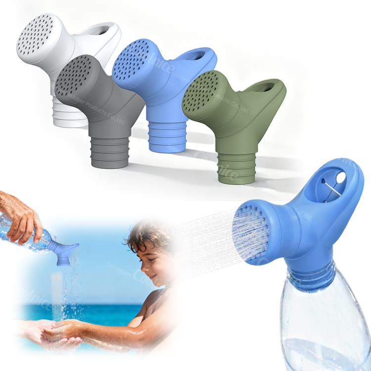 Child using silicone water bottle shower nozzle for beach rinsing.
