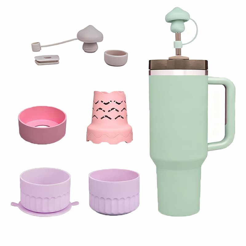 silicone tumbler sleeves, bottom sleeves, and straw holders for customizable drinkware