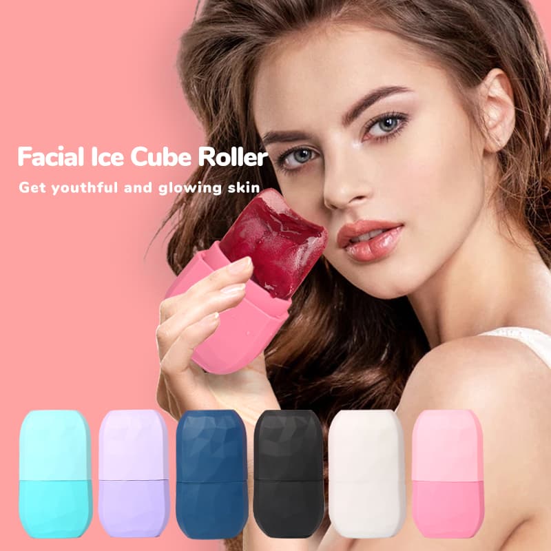 Model using facial ice cube roller for glowing skin