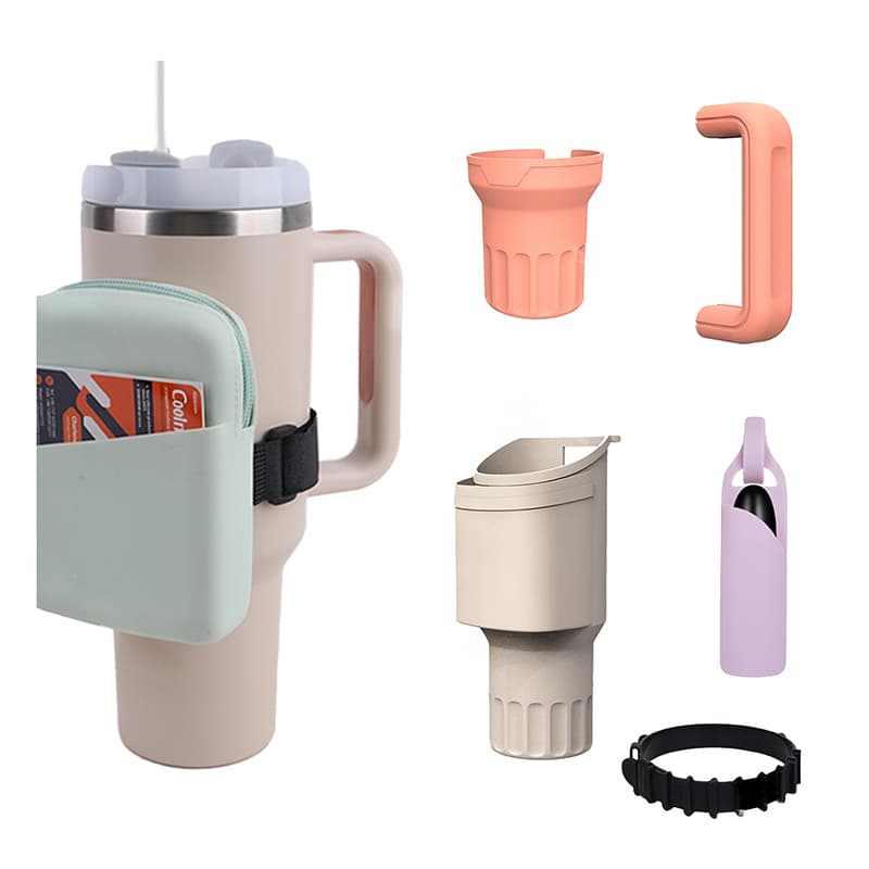 silicone tumbler sleeve with storage pouch, straw caps, and bottom sleeves