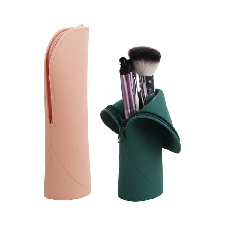 Silicone makeup brush bag shown closed and open with brushes inside