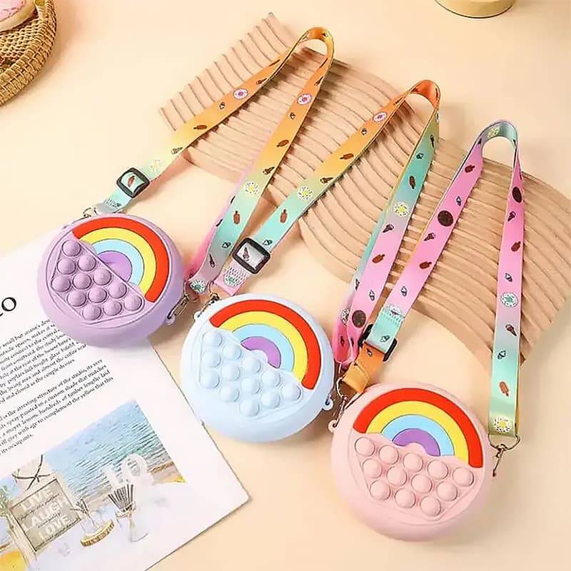 Silicone rainbow pouch with adjustable strap and colorful design