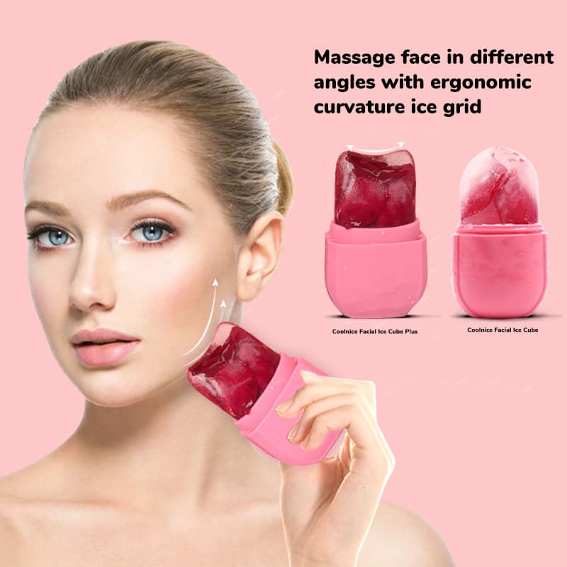 Woman massaging face with ergonomic curvature ice roller