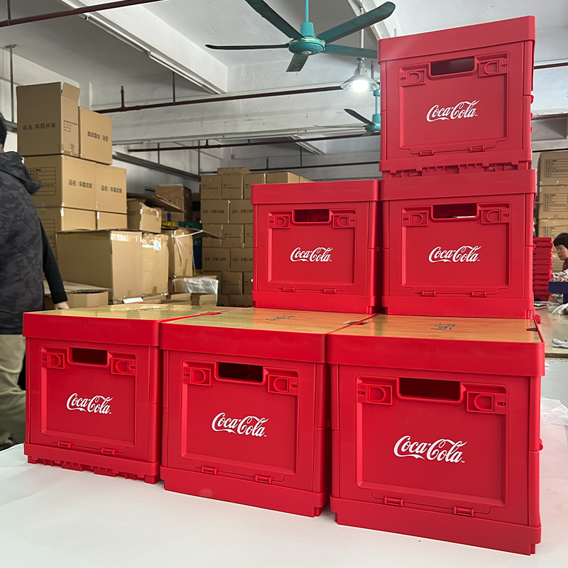 Custom red folding storage boxes with wooden lids branded Coca-Cola
