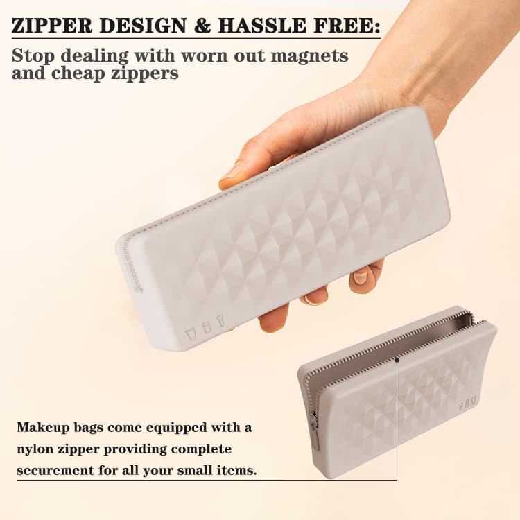 Silicone makeup bag with reinforced zipper for secure storage
