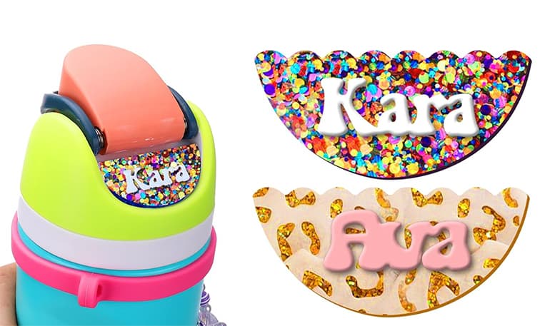 Custom silicone drink separator with heat transfer printing, featuring personalized names and colorful glitter designs.