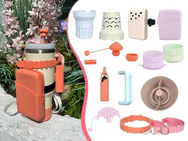 custom silicone tumbler accessories including sleeves, straw caps, lids, and storage pockets