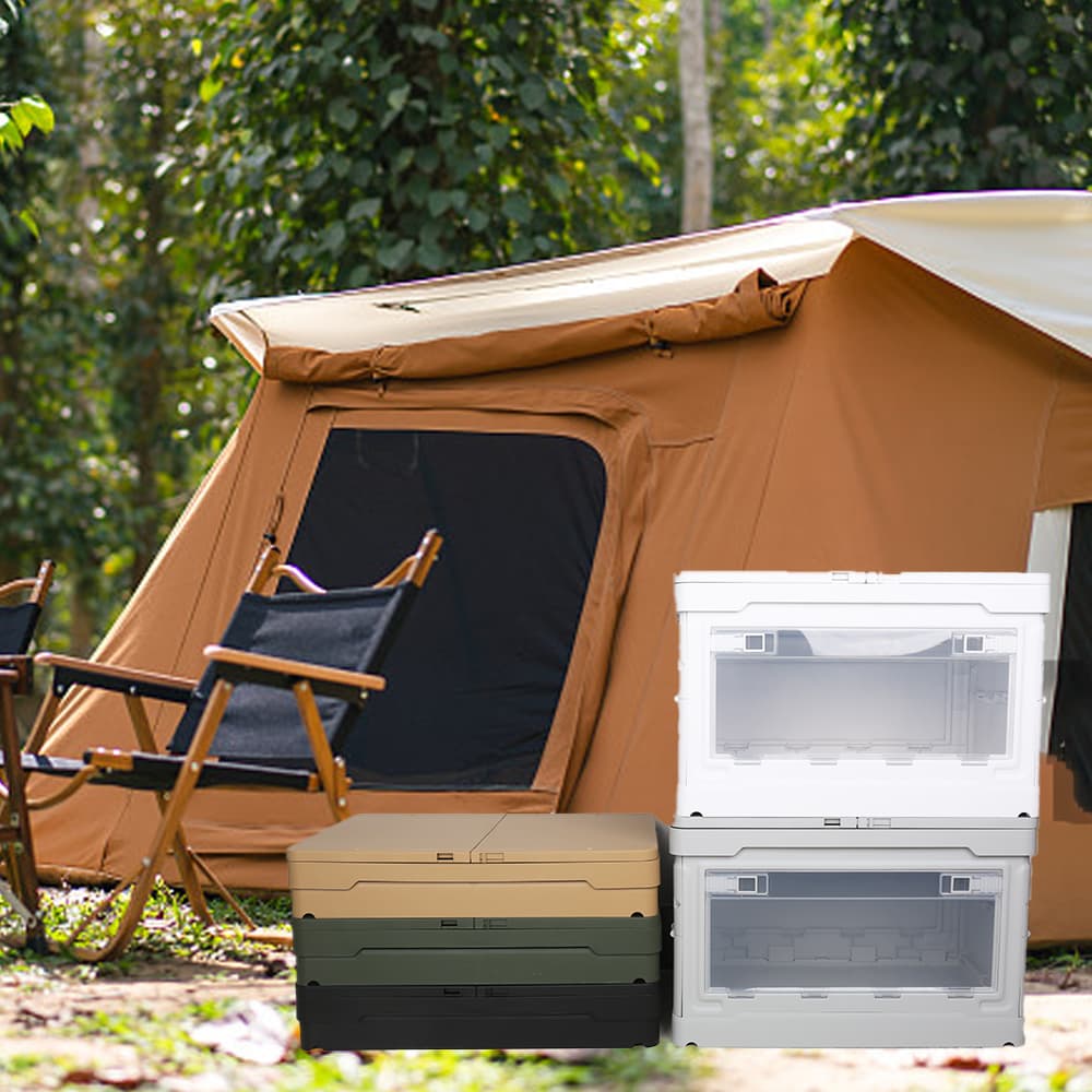 Camping folding storage box placed beside a tent in outdoor campsite