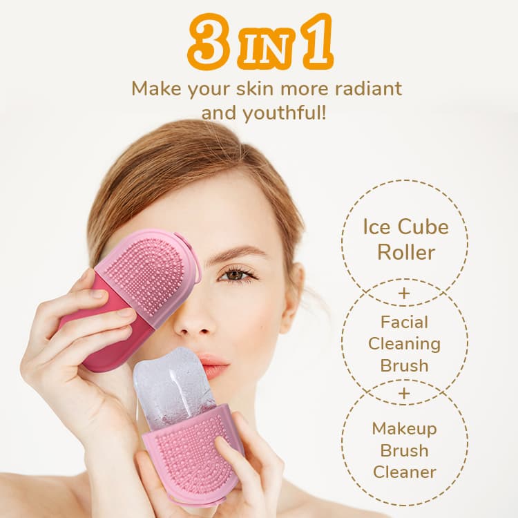 3 in 1 facial ice cube roller with silicone cleansing brush