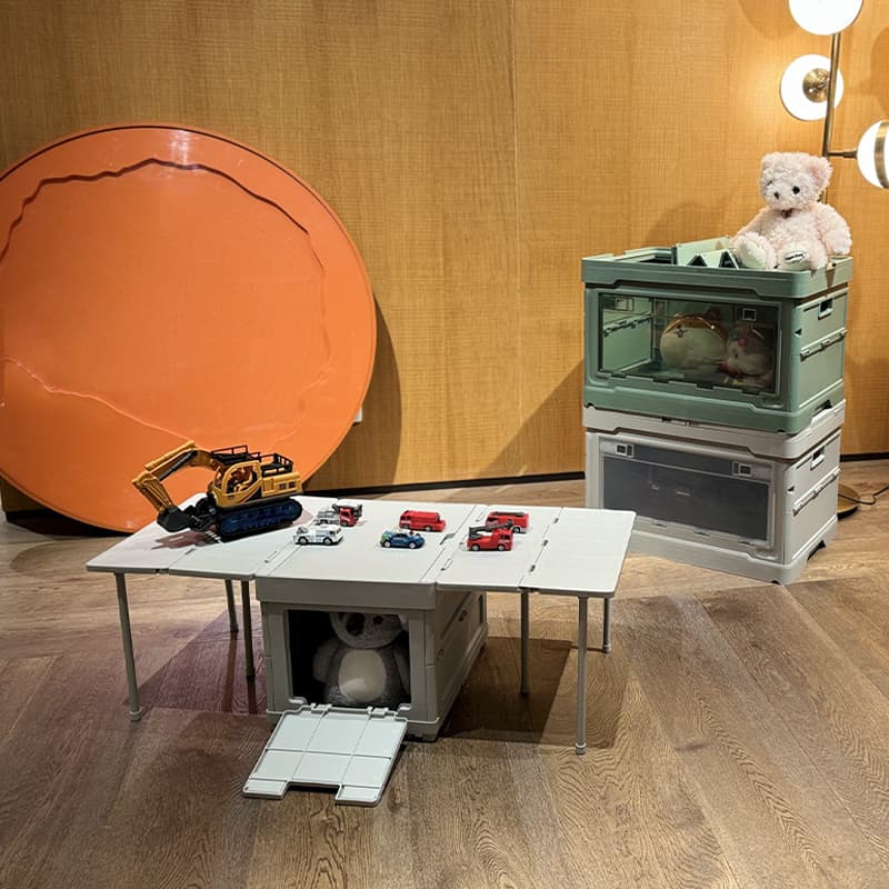 Custom indoor folding storage box with tabletop used as side table